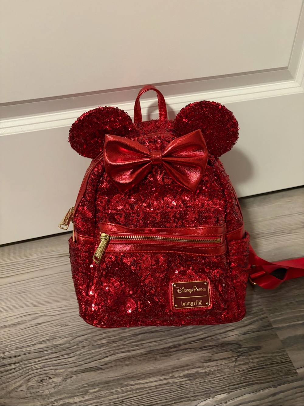 Loungefly Red Sequin Disney Minnie Ear Backpack with Bow